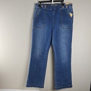 Michael Kors Womens Sailor Wide Leg Jeans Medium Wash‎ Blue Gold Buttons Size 14
